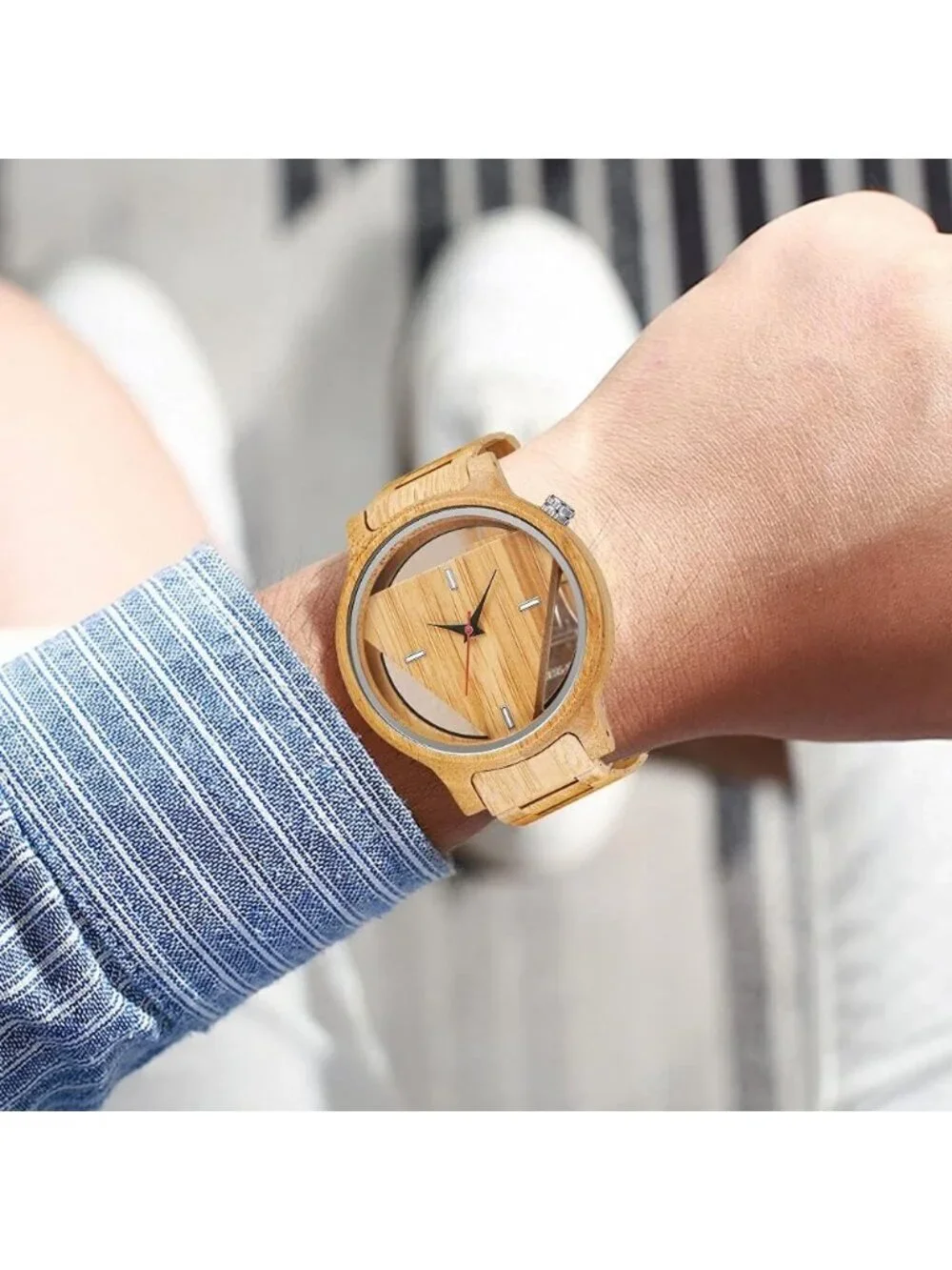 Men's Wood Color Classic Handmade Triangle Bamboo Analog Quartz Wooden Watch
